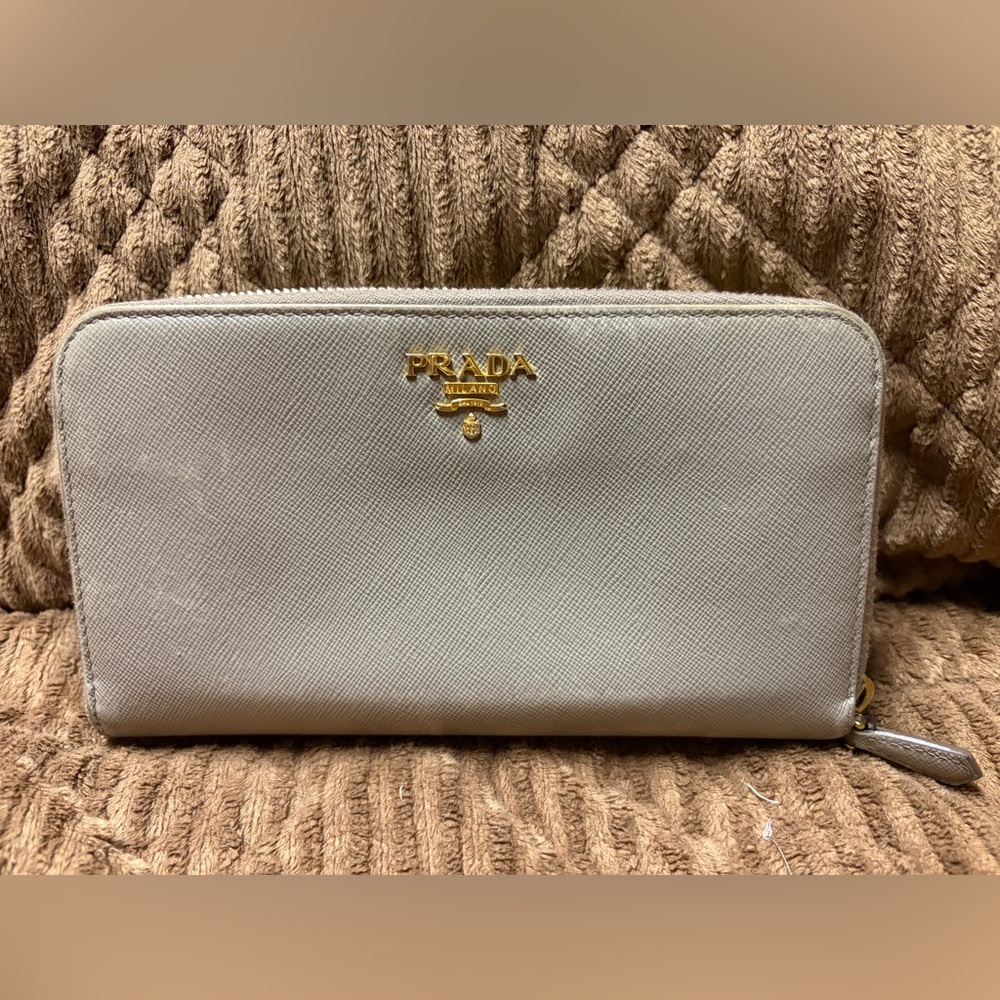 Prada Women's Brown/Grey/Beige Long Zip Wallet with Gold Accents